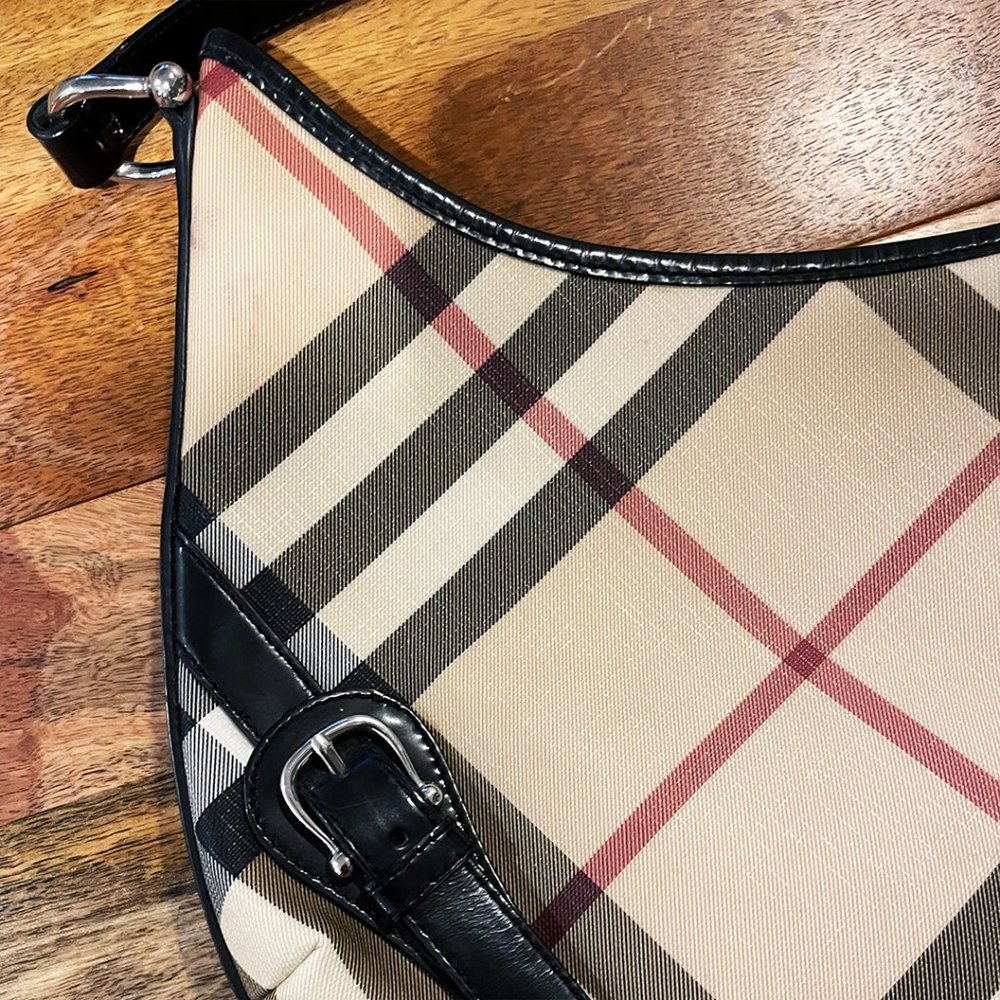 BURBERRY Black & Beige Nova Check Coated Canvas Hobo - Picture 4 of 7